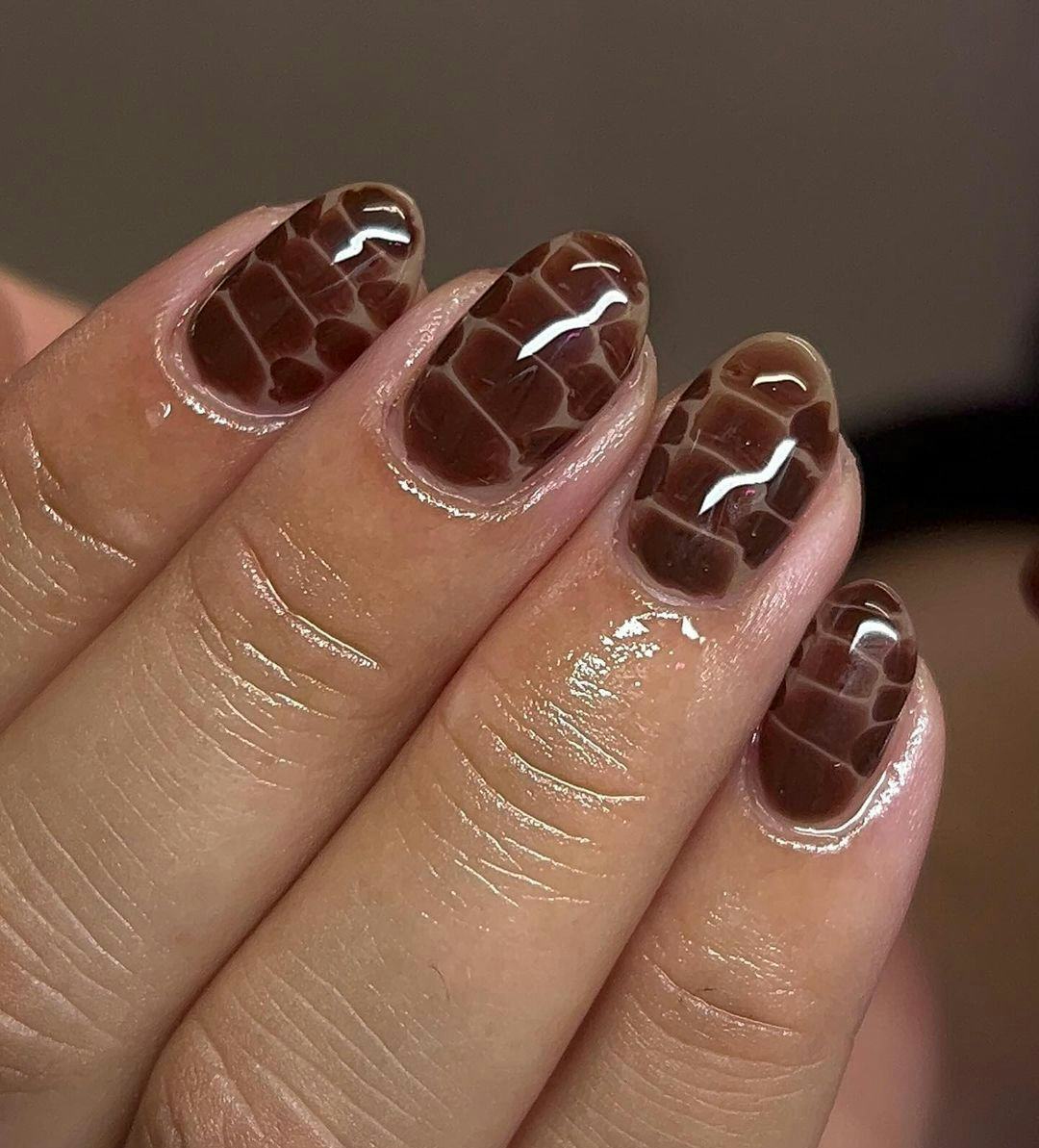 Brown crocodile print nails are perfect for Scorpio season 2024.