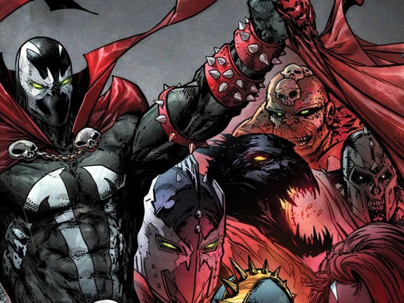 A powerful figure in a dark suit and red cape stands confidently, surrounded by menacing, monstrous ...