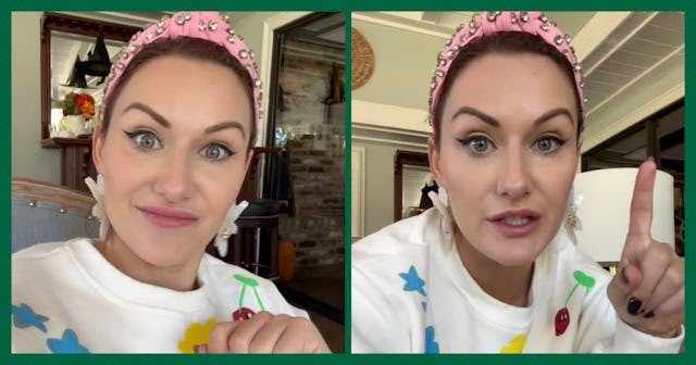 A woman with a pink headband and colorful sweater is looking at the camera, making expressive gestur...