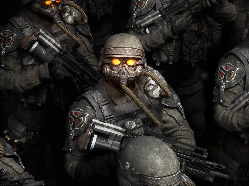 A group of heavily armed soldiers in dark, futuristic armor stands in formation. They wear masks wit...