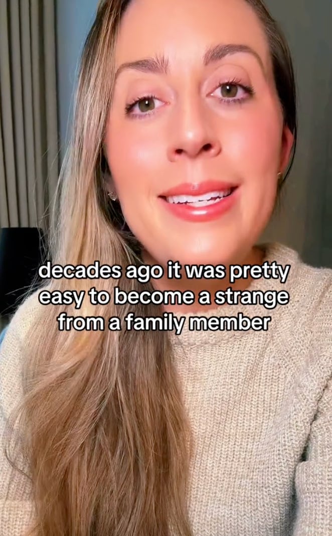 A young woman with long hair smiles at the camera, wearing a cozy sweater. Text overlay discusses family connections over the decades.