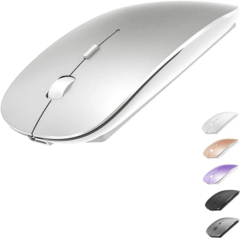 A sleek, silver wireless computer mouse is shown from an angle, with options for pink, purple, black...