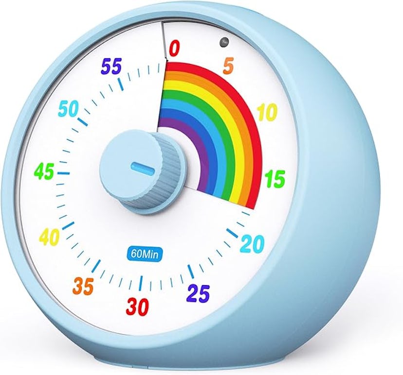 A round, blue kitchen timer with a colorful rainbow dial, numbered from 0 to 60 minutes, and a centr...