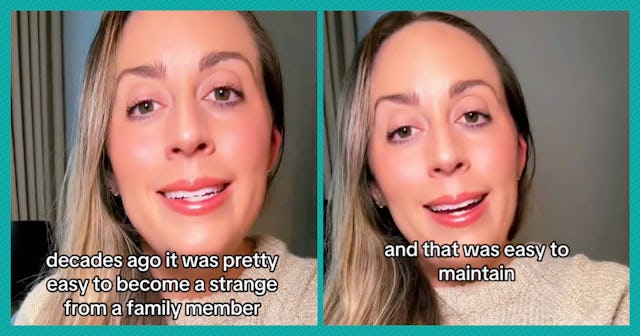 A woman with light brown hair speaks directly to the camera, reflecting on familial relationships. T...
