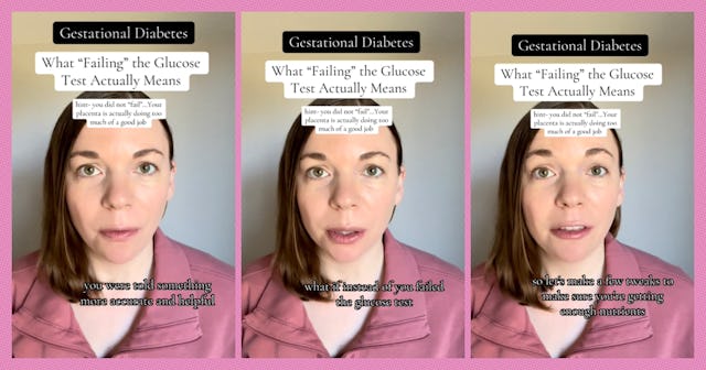A woman speaking directly to the camera appears in three frames. Text overlays discuss gestational d...