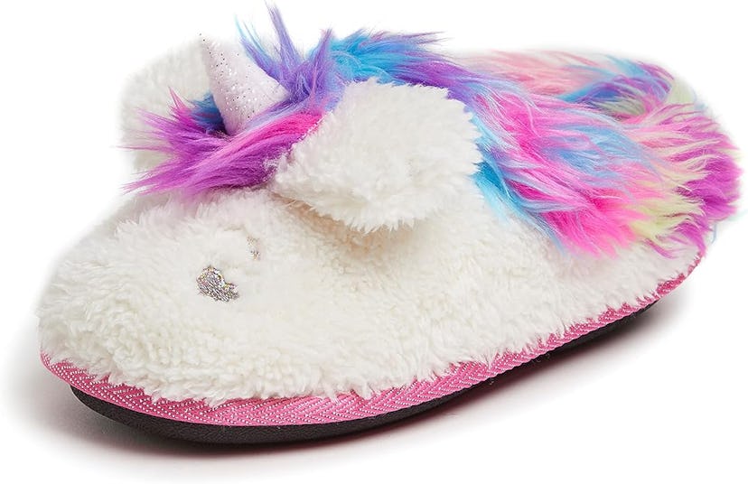 A fluffy white unicorn slipper featuring colorful rainbow fur, a sparkly horn, and a pink base, perf...