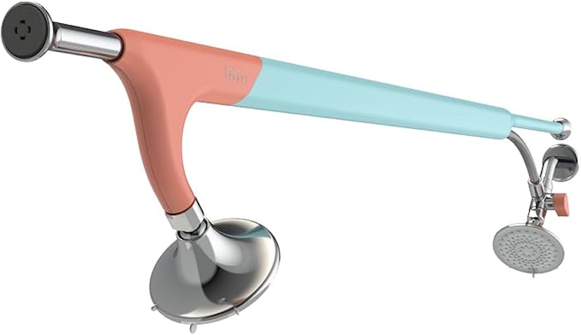 A modern, two-tone showerhead with a sleek design, featuring a chrome finish and pastel pink and blu...