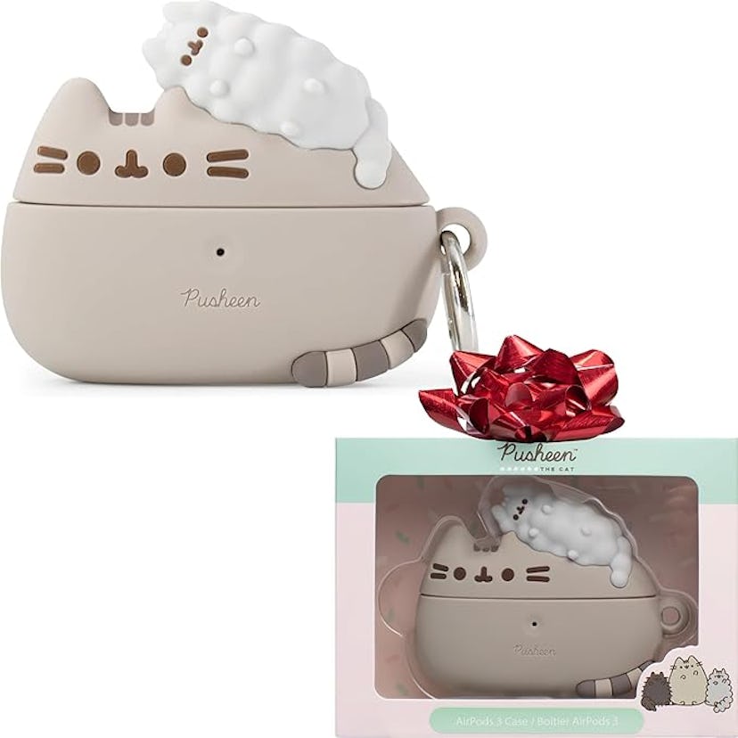 A cute cat-shaped case for AirPods, designed like Pusheen, featuring a cream topping, with a red bow...