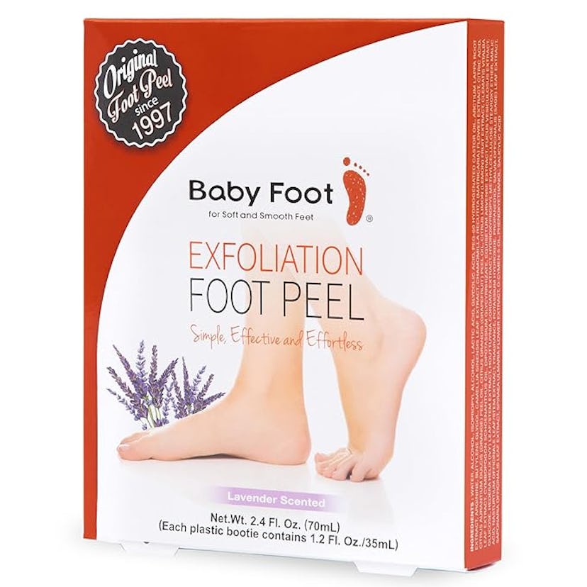 A Baby Foot Exfoliation Foot Peel box featuring a lavender scent. It highlights benefits for soft, s...