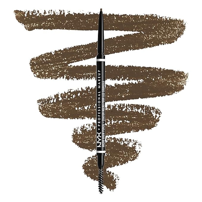 A brown eyebrow pencil with a spoolie brush tip rests against a backdrop of textured brown strokes, ...