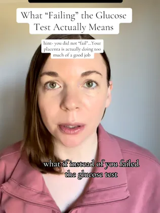 A woman with medium-length brown hair speaks directly to the camera, addressing gestational diabetes...
