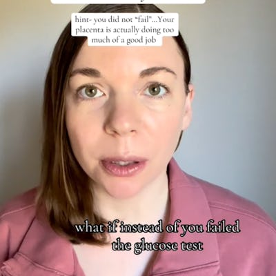 A woman with medium-length brown hair speaks directly to the camera, addressing gestational diabetes and the glucose test. Text overlays provide information.