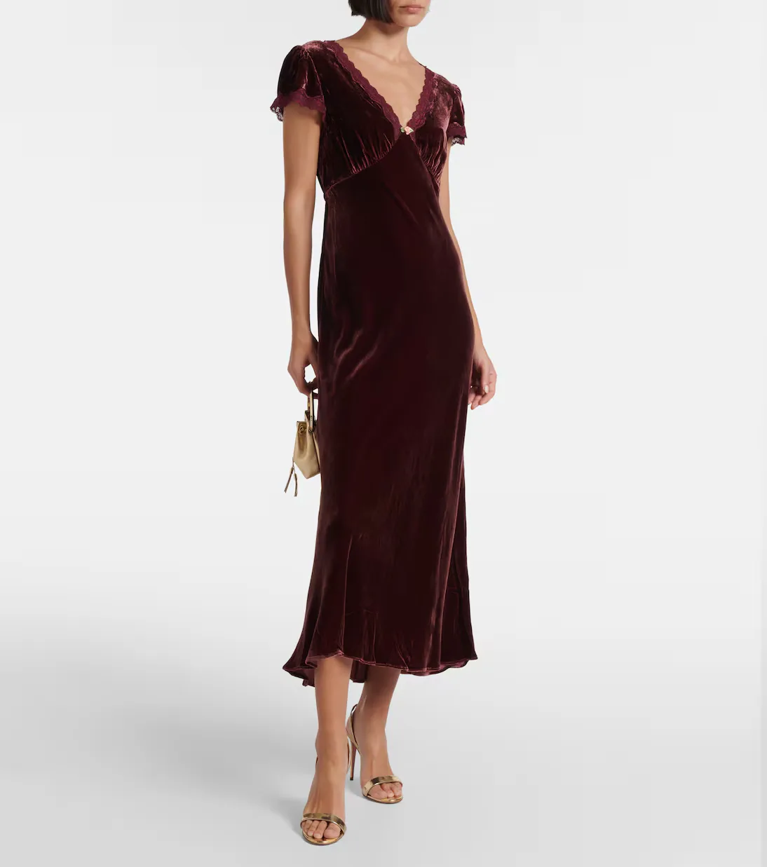 slim fit dress slacks Black Velvet Wrap V Neckline Dress Flutter Sleeves