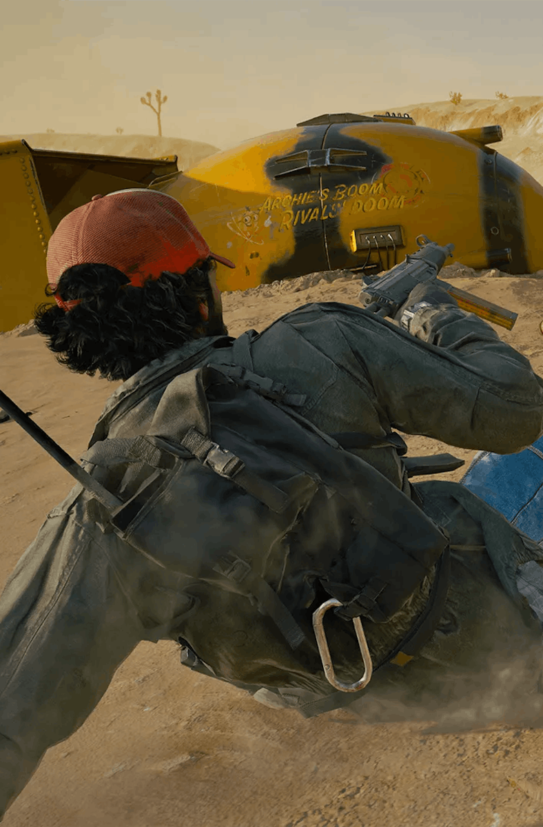 A player slides towards an enemy while collect a dog tag