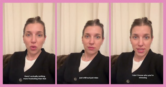 A series of three photos featuring a woman speaking directly to the camera, with captions discussing...