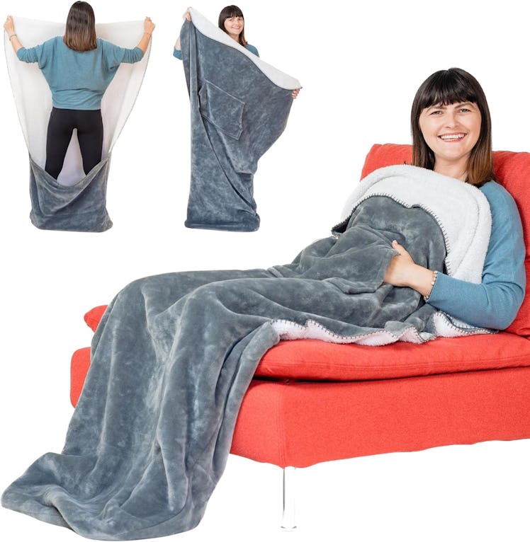 EzrAllora Double Layer Foot Pocket Blanket with Marsupial Pocket