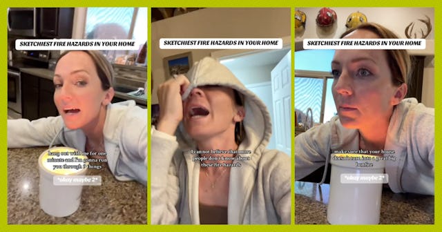 A woman in casual clothing expresses concern and humor as she discusses potential fire hazards in a ...