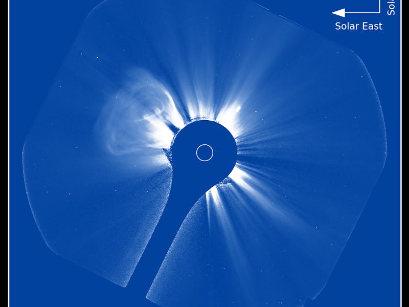 Fountains of charged particles radiate from the center of this image. These are ejections from the S...