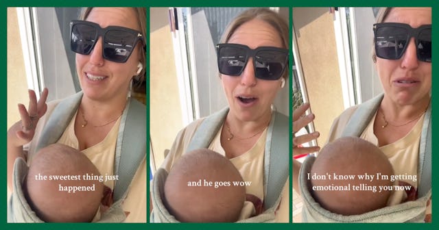 A woman wearing oversized sunglasses smiles and expresses emotion while holding a baby close. She sh...