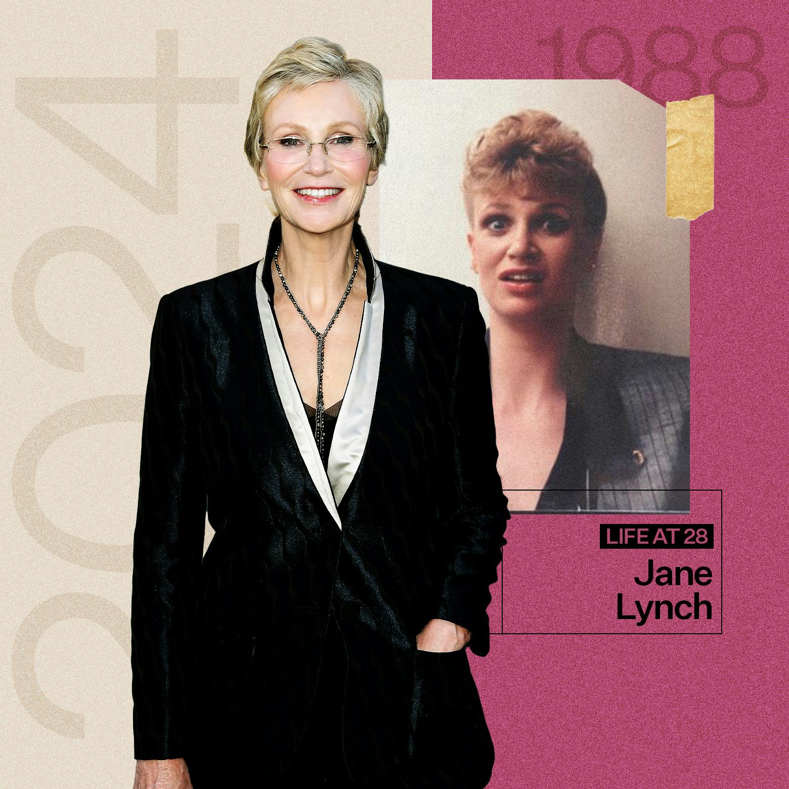 A woman in a black suit with a white collar smiles beside a vintage photo of her younger self from 1...