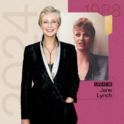 A woman in a black suit with a white collar smiles beside a vintage photo of her younger self from 1...