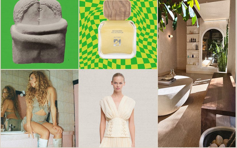 A collage of images featuring a sculptural object, a perfume bottle with a green checkered backgroun...