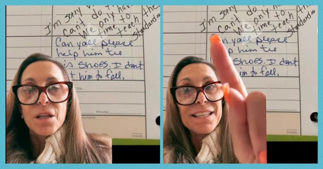 @fitpeanut, a former teacher on TikTok, shared her take on this mom's request for help tying her kid...