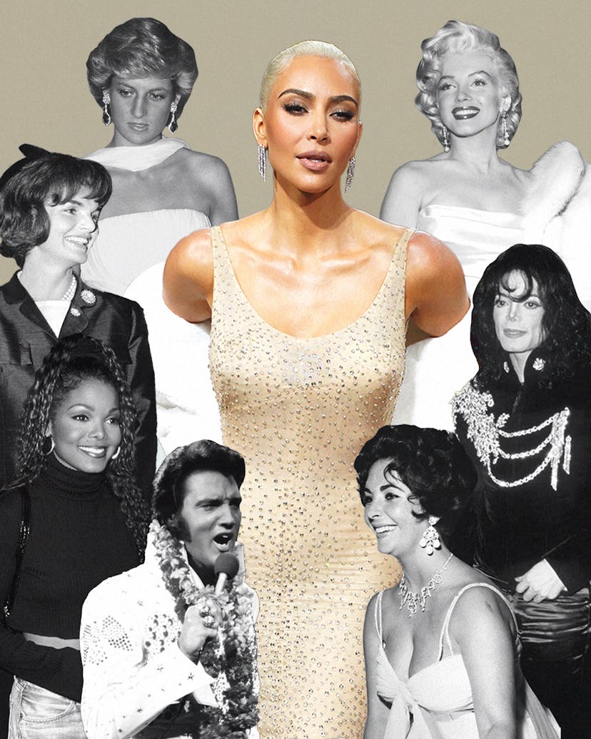 A collage of Kim Kardashian and the stars she collected fashion from