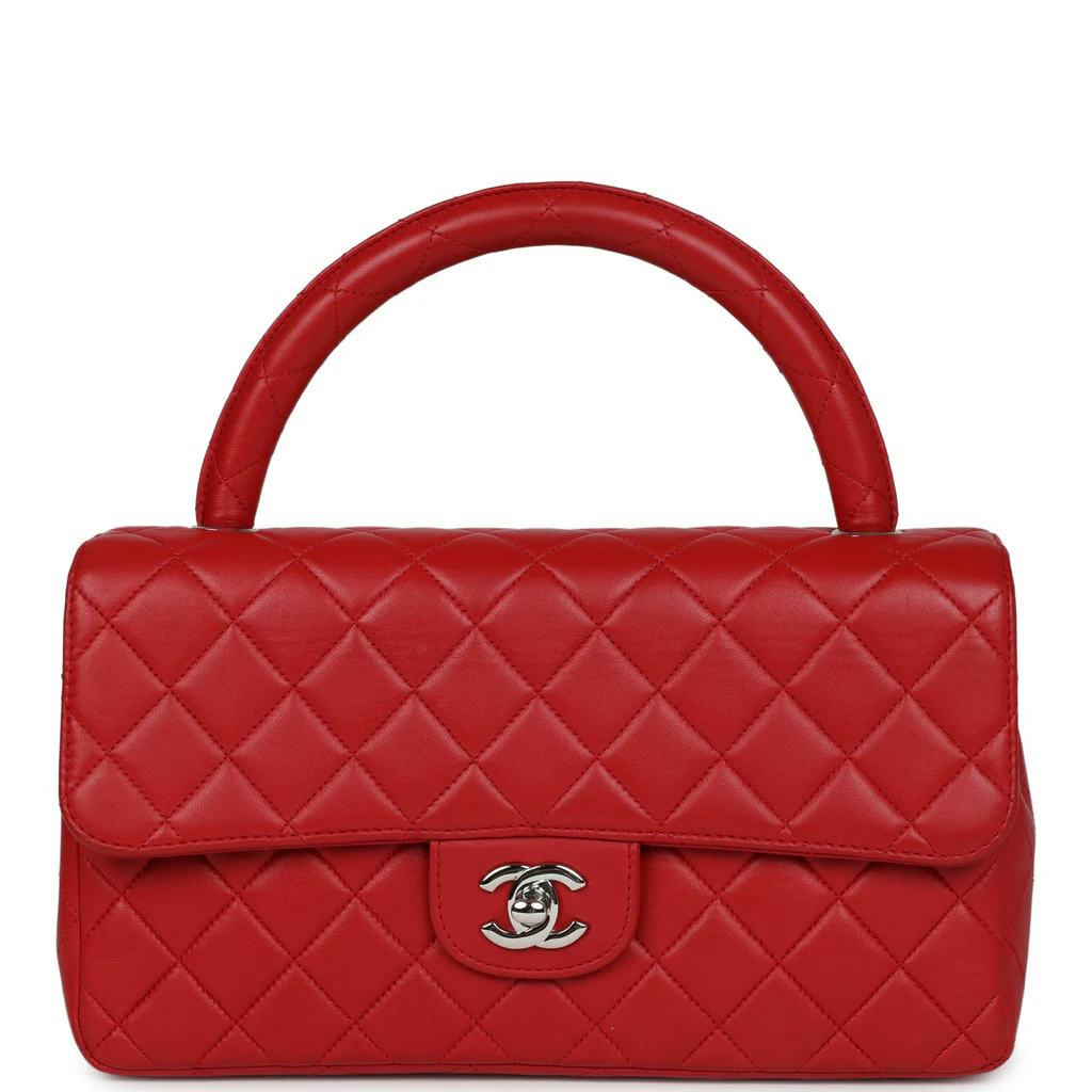 Vintage Chanel Kelly Parent Flap Bag Red Lambskin Silver Hardware