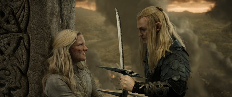 Galadriel (Morfydd Clark) duels Sauron (Charlie Vickers) in The Lord of the Rings: The Rings of Powe...