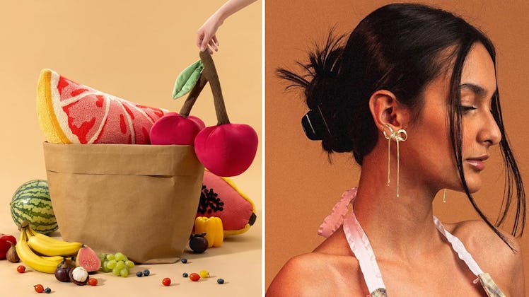 Split image: on the left, plush fruits spilling from a brown bag, and on the right, a model wearing ...