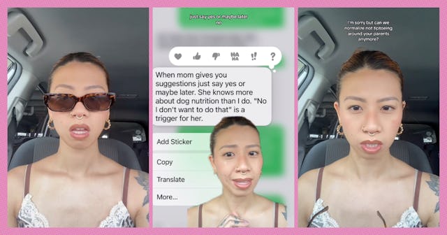 A young woman with sunglasses is sitting in a car, expressing frustration about her mother's advice ...