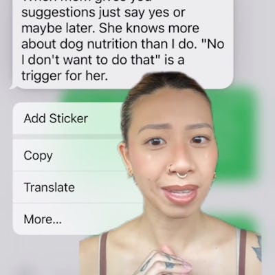 A person with a septum piercing is speaking with a text overlay about taking advice from their mom regarding dog nutrition.
