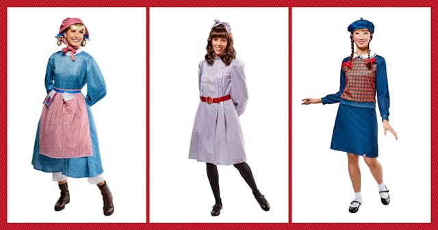 Three women in vintage-inspired outfits stand in a row. The left wears a blue dress with an apron, t...