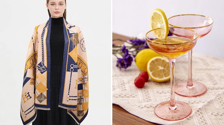 Split image: at left, a model in a stylish shawl, while the right features two elegant cocktail glas...