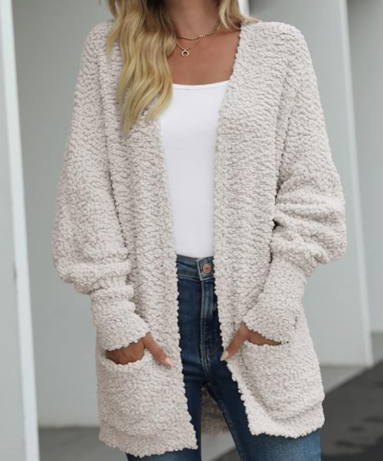 MEROKEETY Fuzzy Popcorn Batwing Cardigan