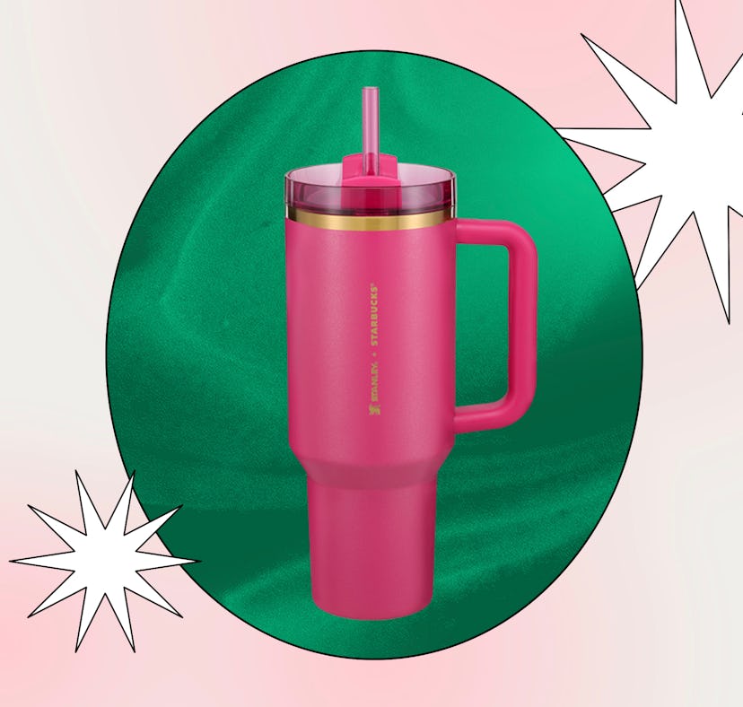Starbucks' 2024 holiday merch includes a pink glitter Stanley cup.