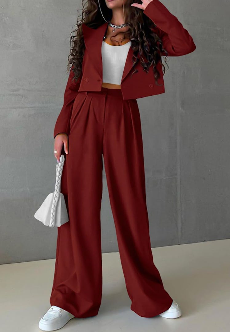 PRETTYGARDEN Cropped Blazer & Wide-Leg Pants Set (2 Pieces)