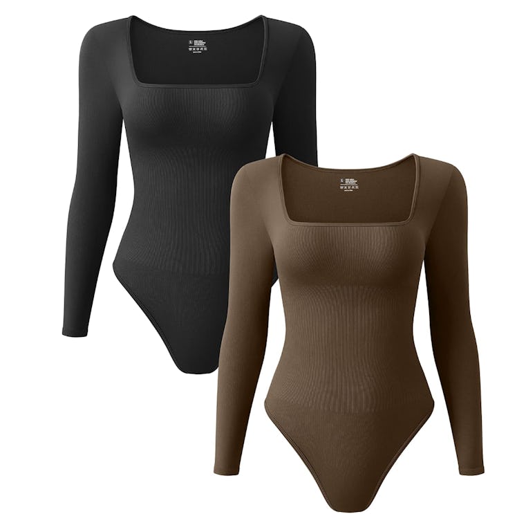 OQQ Ribbed Square-Neck Long Sleeve Bodysuits (2-Pack)