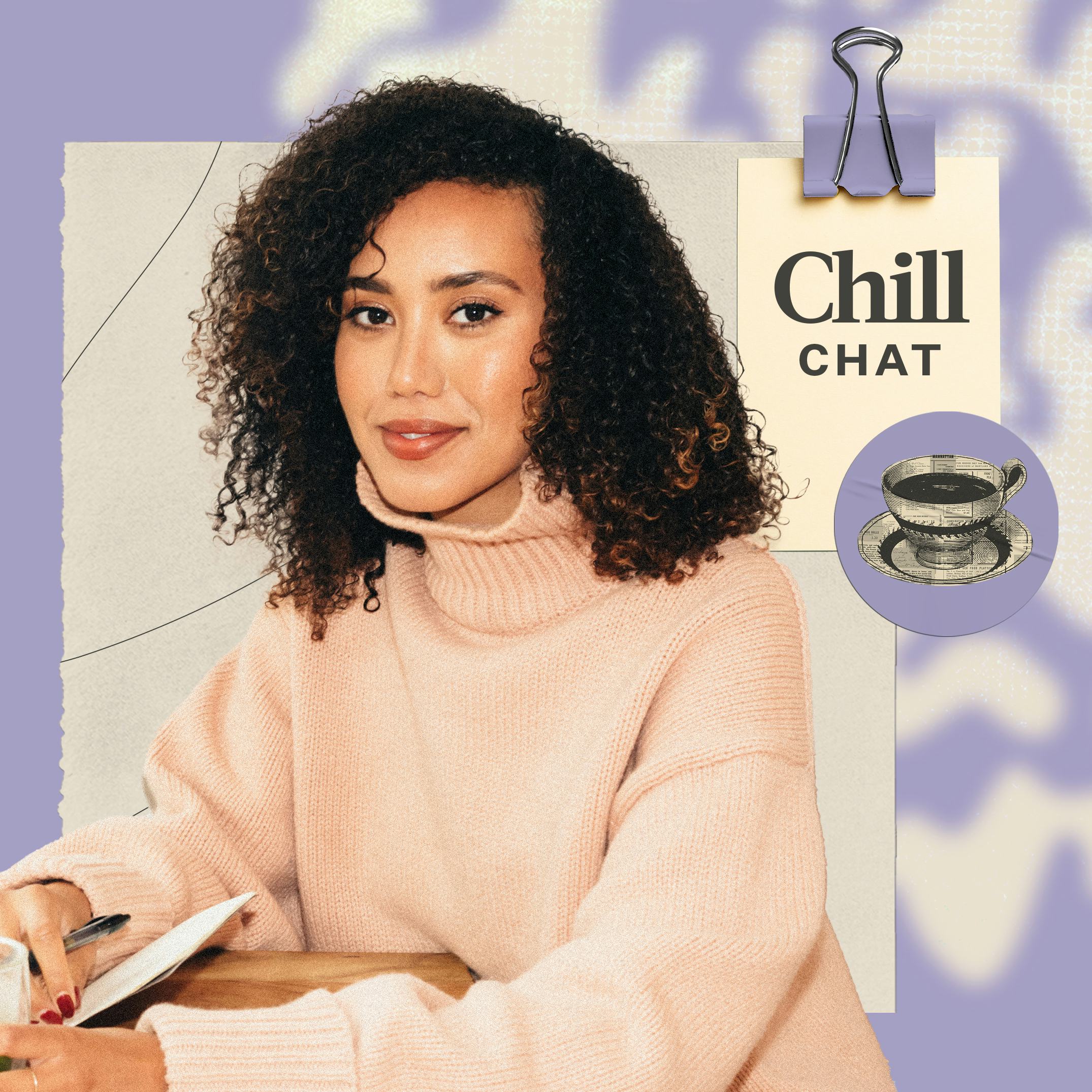 A woman with curly hair smiles while sitting at a table, wearing a light pink sweater. Surrounding h...