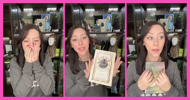 A woman reacts excitedly in three panels, showcasing her surprise with her hands on her face, and ho...