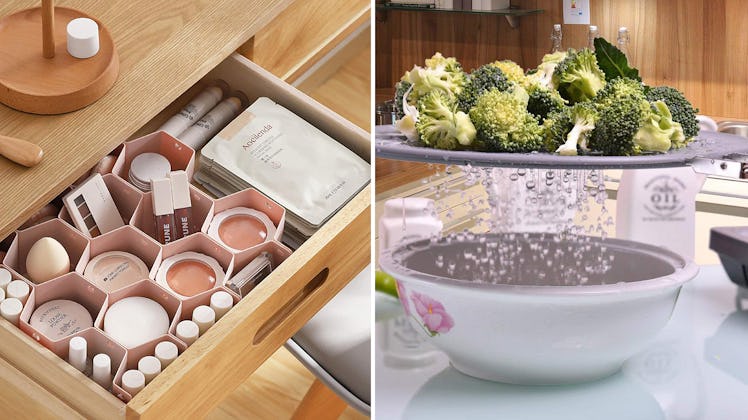 Split image: At left, a wooden drawer displays neatly organized skincare products, while on the righ...