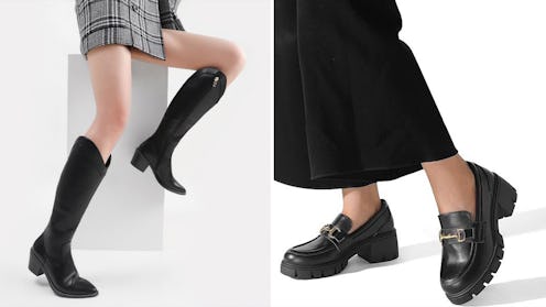 Split image showcasing two types of footwear: knee-high black boots on the left and chunky heeled bl...