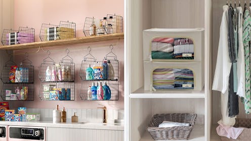 Split image: At left, wire baskets organizing a laundry room. At right, a tidy closet with fabric or...