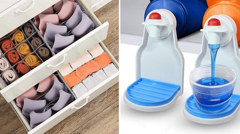 Split image: one shows neatly organized drawers with folded clothing, and the other displays a liqui...