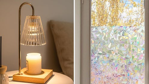 Split image: At left, an elegant candle warmer sits on a table. At right, a window with a light-refl...