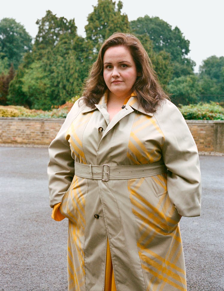 Jessica Gunning wears a Burberry trenchcoat.