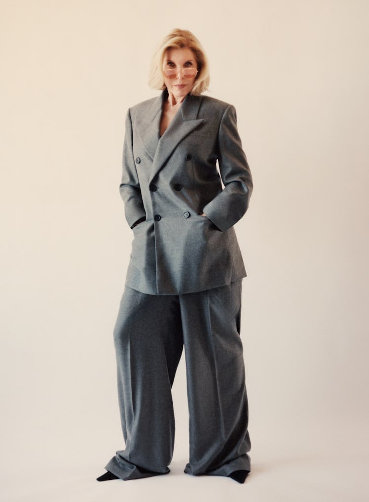 Christine Baranski wears a Saint Laurent by Anthony Vaccarello jacket, pants, and shoes; Retrosuperf...