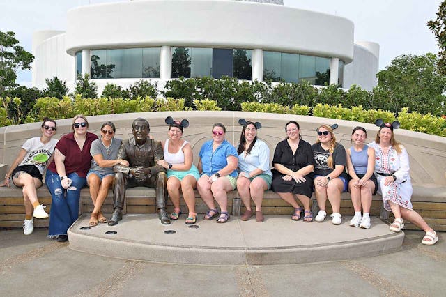 The Scary Mommy team visited the World Pavilion Gardens, and the Walt Disney statue, in Epcot.