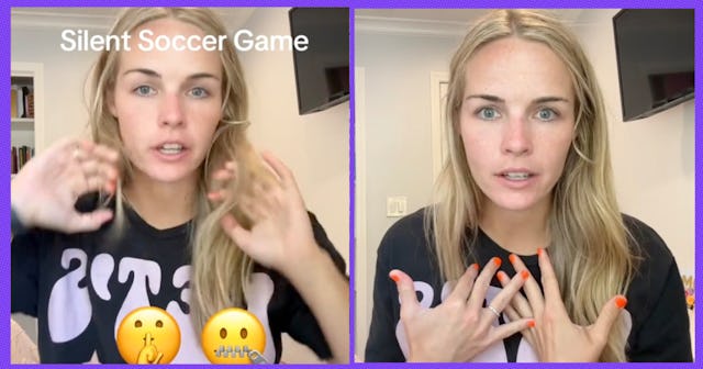 A split image shows a young woman with long blonde hair in a casual black shirt talking at the camer...